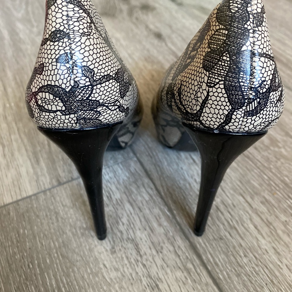 ALDO Beige Black Faux Lace Print Pumps - Picture 4 of 9
